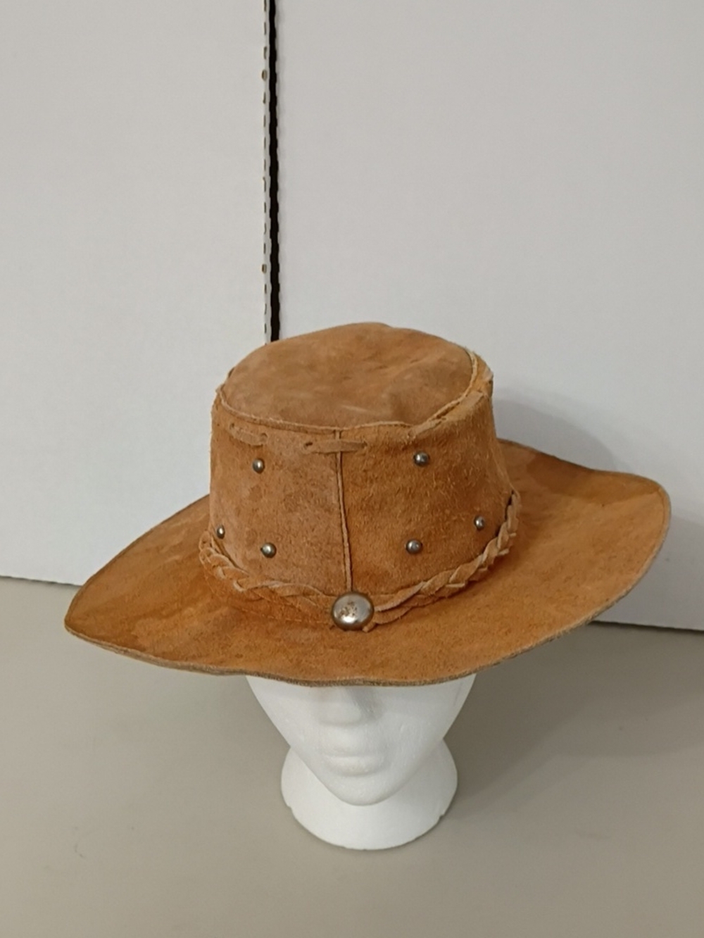 Vintage Tan Suede Cowboy Hat with Braided Band Stiff